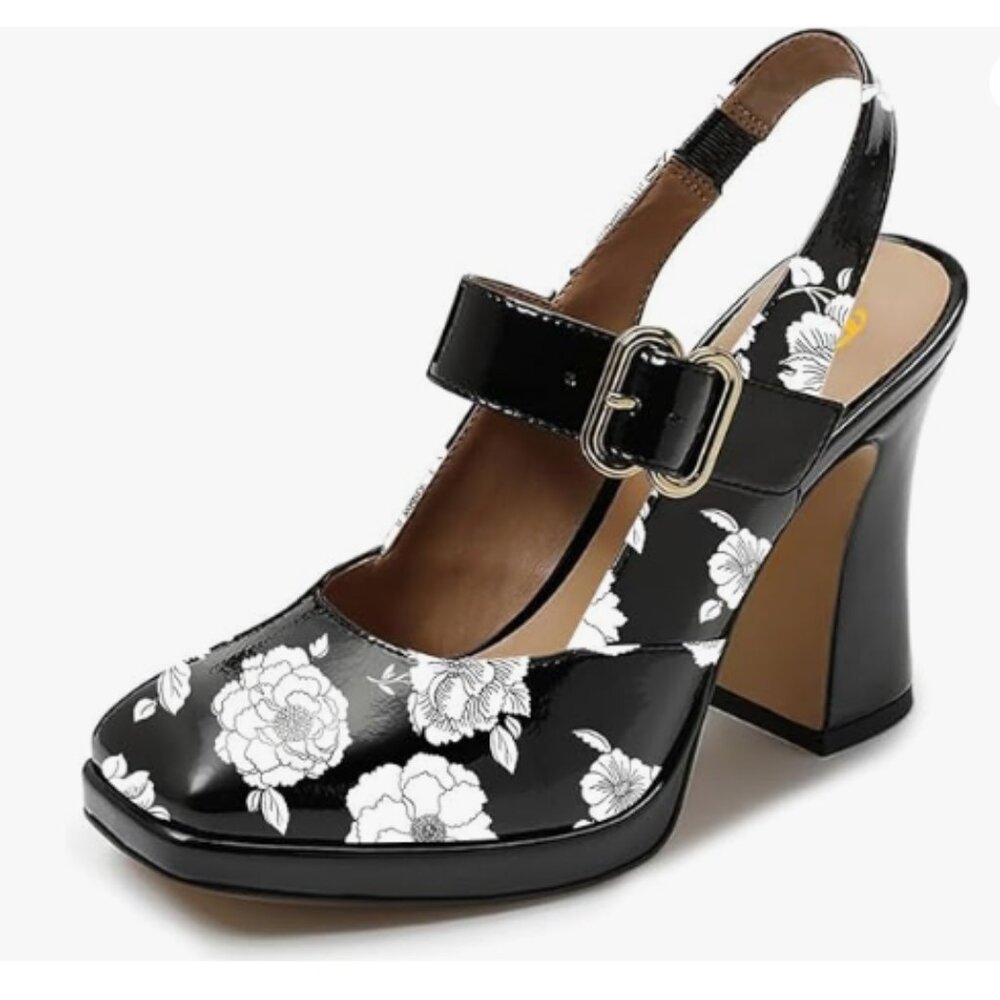 FYS Black Flower Platform Square Toe Chunky High Heel Mary Janes Slingback Pumps - Picture 1 of 8